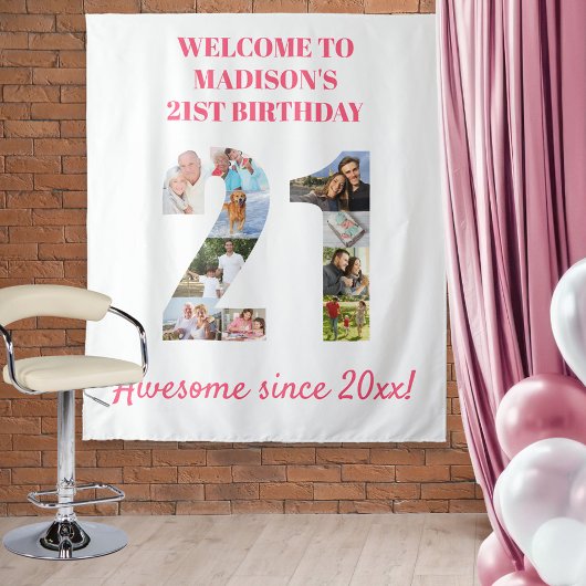 21歳の誕生日パーティー写真コラージュ背景 ピンク タペストリー