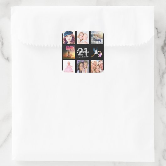 21歳の誕生日パーティー写真コラージュ黒 スクエアシール (バッグ)