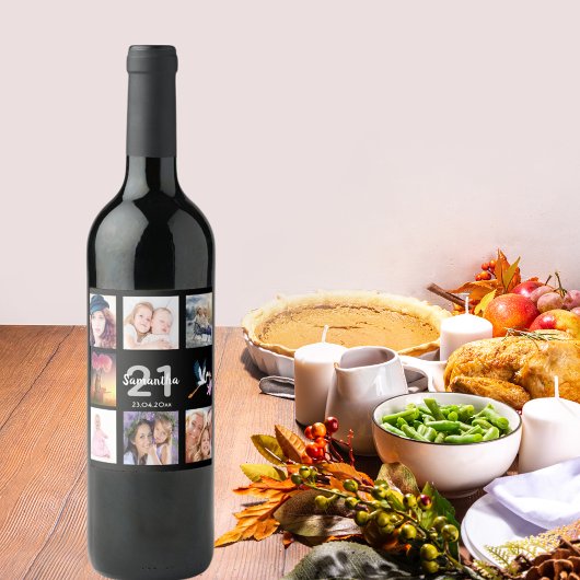 21歳の誕生日パーティー写真コラージュ黒 ワインラベル