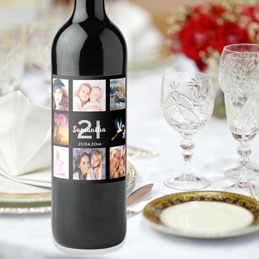 21歳の誕生日パーティー写真コラージュ黒 ワインラベル