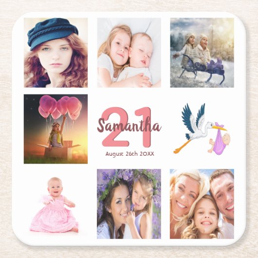 21歳の誕生日パーティー写真コラージュ スクエアペーパーコースター (正面)