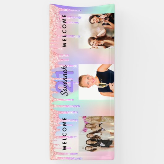 21歳の誕生日パーティー写真ホログラフィックピンクの滴 横断幕 (縦)