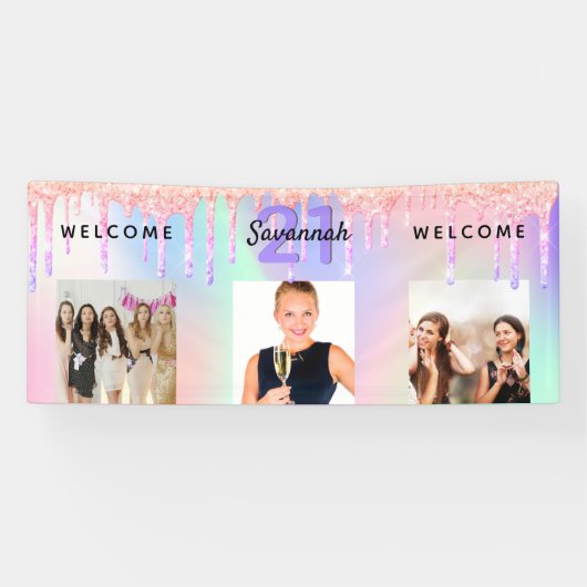 21歳の誕生日パーティー写真ホログラフィックピンクの滴 横断幕 (横)