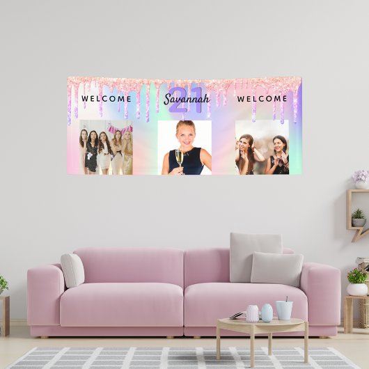 21歳の誕生日パーティー写真ホログラフィックピンクの滴 横断幕