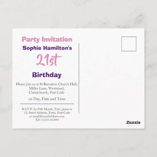 21歳の誕生日パーティー招待状 ポストカード (裏面)
