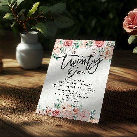 21歳の誕生日パーティー水彩植物花 招待状