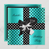 21歳の誕生日パーティー水玉模様ティール（緑がかった色）白黒 招待状 (正面/裏面)