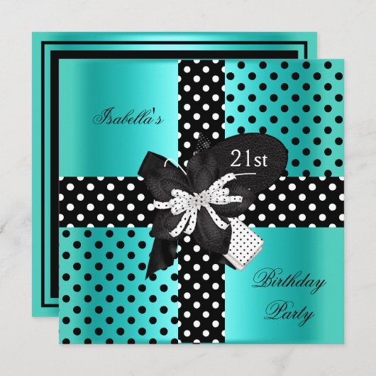 21歳の誕生日パーティー水玉模様ティール(緑がかった色)白黒 招待状 (正面/裏面)