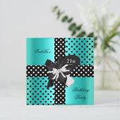21歳の誕生日パーティー水玉模様ティール（緑がかった色）白黒 招待状 (スタンド正面)