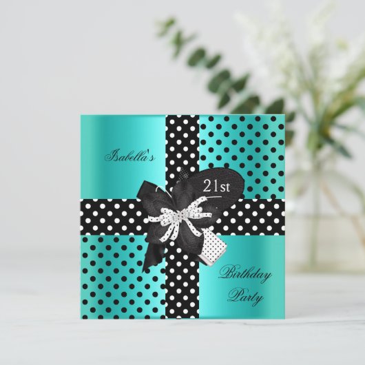 21歳の誕生日パーティー水玉模様ティール(緑がかった色)白黒 招待状 (スタンド正面)