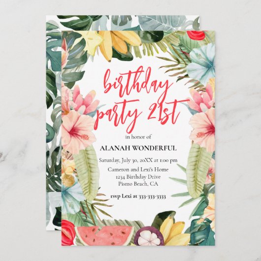 21歳の誕生日パーティー熱帯フローラ水彩 招待状 (正面/裏面)