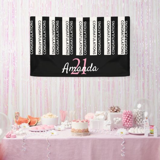 21歳の誕生日パーティー白黒ストライプピンク 横断幕 (パーティー)