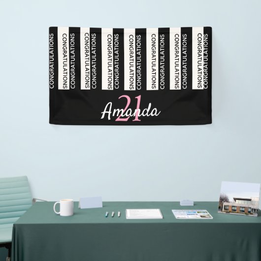 21歳の誕生日パーティー白黒ストライプピンク 横断幕 (トレードショー)