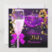 21歳の誕生日パーティー素敵なピンクパープルシャンパン 招待状 (正面)
