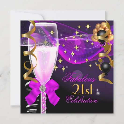 21歳の誕生日パーティー素敵なピンクパープルシャンパン 招待状 (正面)