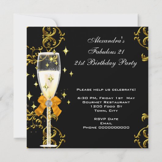21歳の誕生日パーティー素晴らしいシャンパーニュ金ゴールドブラック 招待状 (裏面)