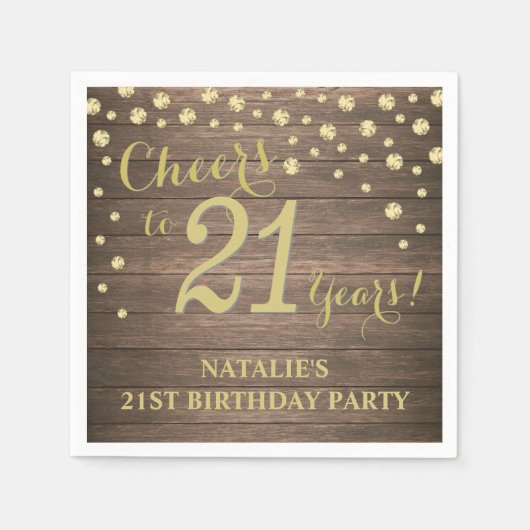 21歳の誕生日パーティー素朴ウッドと金ゴールドダイヤモンド スタンダードカクテルナプキン (正面)