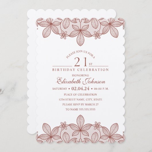 21歳の誕生日パーティー素朴レースクラフト紙 招待状 (正面/裏面)