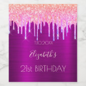 21歳の誕生日パーティー紫のグリッターピンク ワインラベル (シングルラベル)