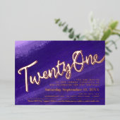 21歳の誕生日パーティー紫のバラ金ゴールド 箔招待状 (立ち正面)