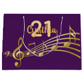 21歳の誕生日パーティー紫の金ゴールド音楽ノート ラージペーパーバッグ (正面)
