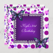 21歳の誕生日パーティー紫色のスポット蝶シルバー 招待状 (正面/裏面)