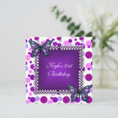 21歳の誕生日パーティー紫色のスポット蝶シルバー 招待状 (スタンド正面)