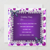 21歳の誕生日パーティー紫色のスポット蝶シルバー 招待状 (裏面)