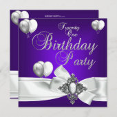 21歳の誕生日パーティー紫色の白い銀色の風船 招待状 (正面/裏面)