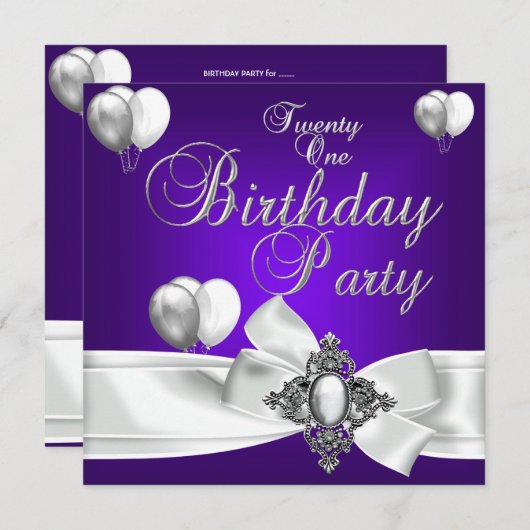 21歳の誕生日パーティー紫色の白い銀色の風船 招待状 (正面/裏面)