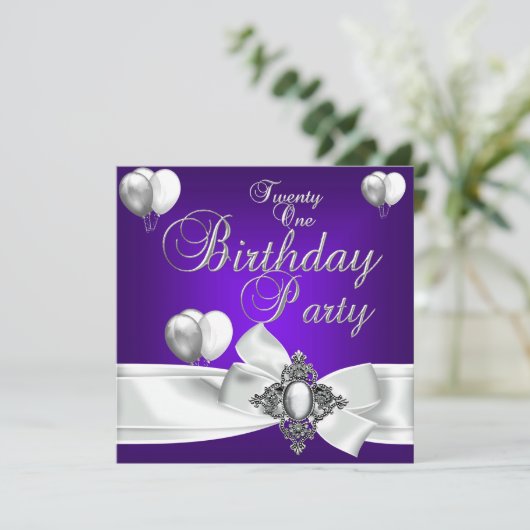 21歳の誕生日パーティー紫色の白い銀色の風船 招待状 (スタンド正面)