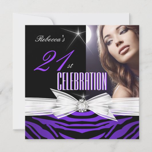 21歳の誕生日パーティー紫21ゼブラ写真2 招待状 (正面)