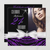 21歳の誕生日パーティー紫21ゼブラ写真3 招待状 (正面/裏面)