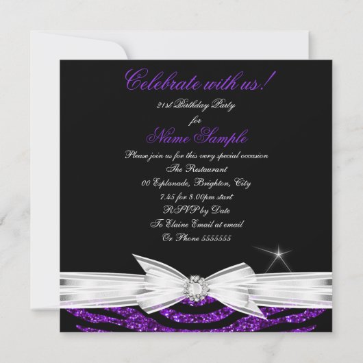 21歳の誕生日パーティー紫21ゼブラ写真3 招待状 (裏面)