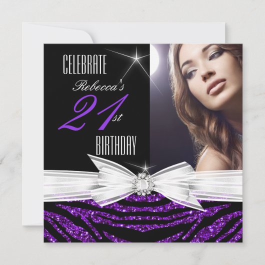 21歳の誕生日パーティー紫21ゼブラ写真3 招待状 (正面)