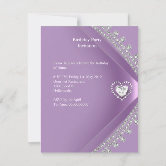 21歳の誕生日パーティー薄紫ハートダイヤモンドジュエル 招待状 (裏面)