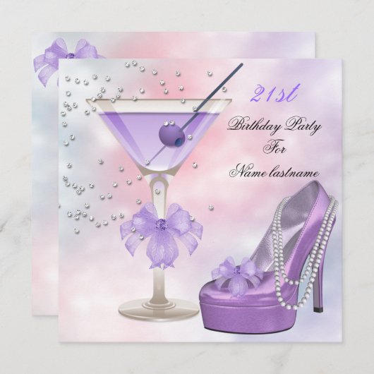 21歳の誕生日パーティー薄紫マルチニパープルピンク 招待状 (正面/裏面)