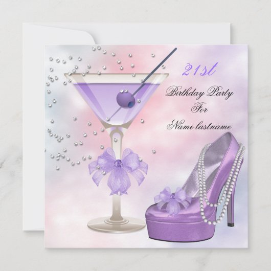 21歳の誕生日パーティー薄紫マルチニパープルピンク 招待状 (正面)