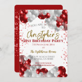 21歳の誕生日パーティー赤いバルーン 招待状 (正面/裏面)