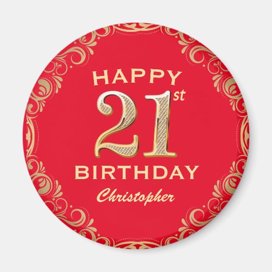 21歳の誕生日パーティー赤と金ゴールドグリッター枠 マグネット (正面)