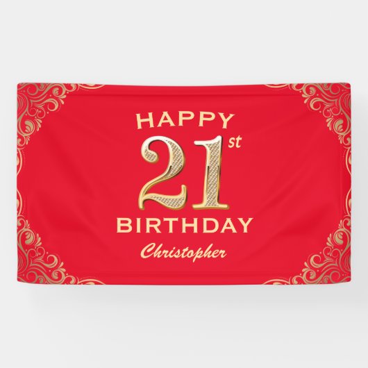 21歳の誕生日パーティー赤と金ゴールドグリッター枠 横断幕 (横)