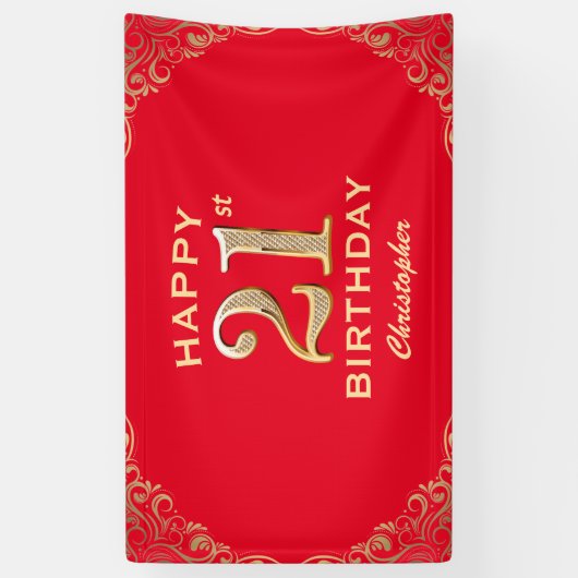 21歳の誕生日パーティー赤と金ゴールドグリッター枠 横断幕 (縦)