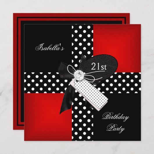 21歳の誕生日パーティー赤水玉模様白黒 招待状 (正面/裏面)