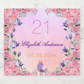 21歳の誕生日パーティー赤面ピンクバイオレット花模様 スパークリングワインラベル (シングルラベル)