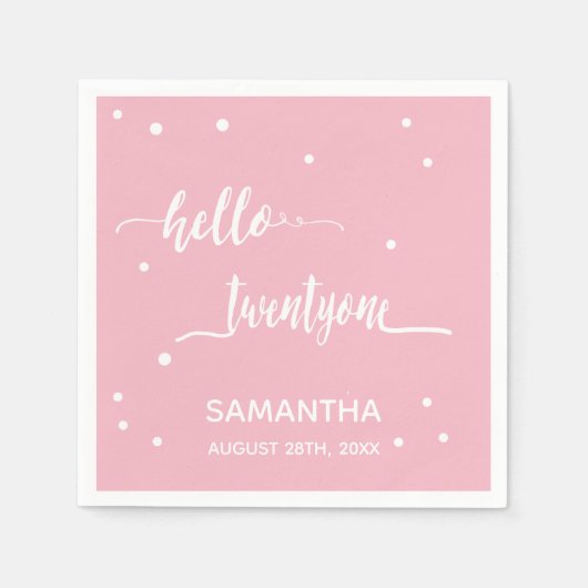 21歳の誕生日パーティー赤面ピンクhello twentyone スタンダードカクテルナプキン (正面)