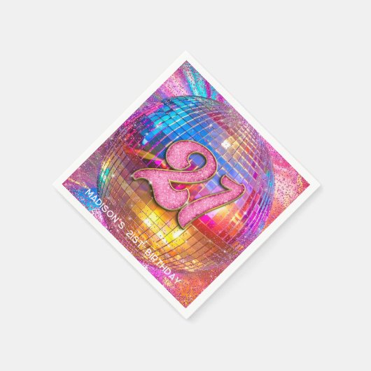 21歳の誕生日パーティー金ゴールドピンクグリッターディスコボール スタンダードカクテルナプキン (角)