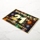 21歳の誕生日パーティー—おもしろいカラフル、Fireworks Look 箔招待状 (回転した状態)