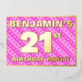 21歳の誕生日パーティー—おもしろいピンクのハートとストライプ 箔招待状 (正面)