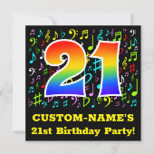 21歳の誕生日パーティー:おもしろい音楽シンボル、虹21 招待状 (正面)