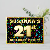 21歳の誕生日パーティー—おもしろい、カラフル音楽シンボル 箔招待状 (立ち正面)